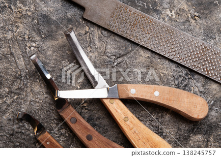 new professional hoof knives with rasp for trimming horsy foot against grey background. horse hoof care concept new professional hoof knives with rasp for trimming horsy foot against grey background. horse hoof care concept 138245757