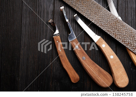 new professional hoof knives with rasp for trimming horsy foot at black table. horse hoof care concept new professional hoof knives with rasp for trimming horsy foot at black table. horse hoof care concept 138245758