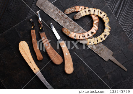 new professional hoof  knives with  rasp for trimming horsy foot at black background. horse hoof care concept 138245759