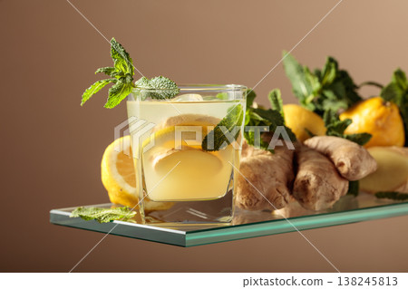 Ginger ale beer cocktail with lemon and mint in a frozen glass. Ginger ale beer cocktail with lemon and mint in a frozen glass. 138245813