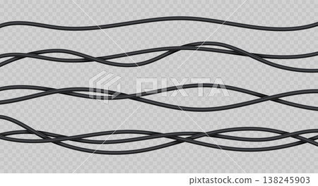 Realistic electric wires. 3d power cables. Flexible thick network cord. Black electric computer connection wires. Vector isolated set Realistic electric wires. 3d power cables. Flexible thick network cord. Black electric computer connection wires. Vector isolated set 138245903