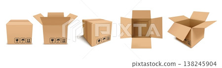 3d cardboard boxes. Realistic parcel front, side and top view, closed and open. Cargo delivery boxes. Vector isolated set 138245904