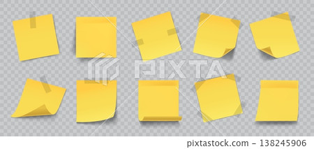 Yellow paper notes. 3D realistic sticky notes, blank memo papers for reminders, office messages organization. Vector isolated set Yellow paper notes. 3D realistic sticky notes, blank memo papers for reminders, office messages organization. Vector isolated set 138245906