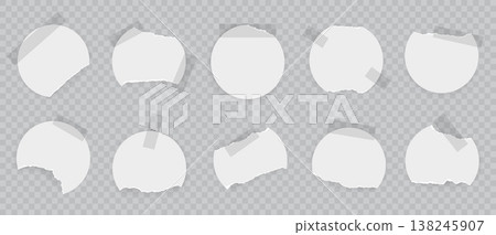 Torn round paper. 3D realistic white paper notes with adhesive tape. Sticky torn circles. Vector isolated set 138245907