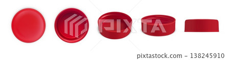 Plastic bottle cap for mineral water and soda. 3D realistic red screw lids top, side and front view. Vector isolated mockups set 138245910