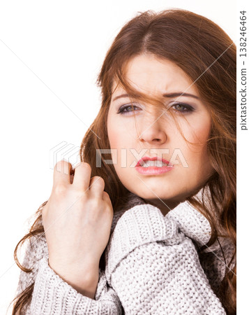 Woman feeling comfortable wearing soft sweater Woman feeling comfortable wearing soft sweater 138246464