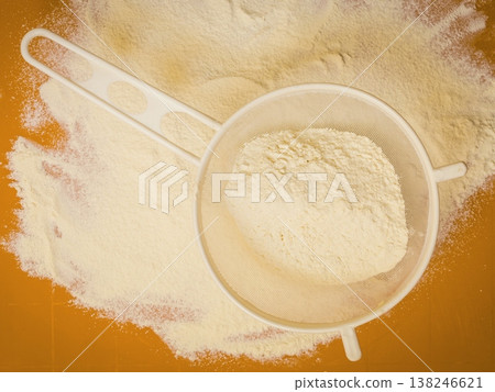 Preparation for baking, ingredients flour sifting. Preparation for baking, ingredients flour sifting. 138246621