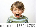 Upset Young Boy With Open Mouth In Striped Shirt Against White Background. Generative AI 138246785
