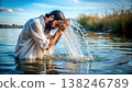 Man Cleansing Himself With Water in a Calm Lake Under a Blue Sky. Generative AI 138246789