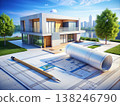 Architectural Studio Rendering of Modern House With Blueprints. Generative AI 138246790