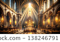 Sunlight Streaming Through An Ancient Cathedral Interior. Generative AI 138246791