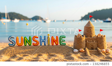 Colorful "Sunshine" letters and sandcastle on a beach with boats in the background Colorful "Sunshine" letters and sandcastle on a beach with boats in the background 138246855