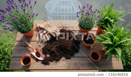 Gardening preparation with lavender, ferns, soil, and tools on a wooden table 138246858