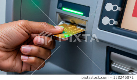 Close-up of a hand inserting a gold credit card into an ATM machine slot Close-up of a hand inserting a gold credit card into an ATM machine slot 138246871