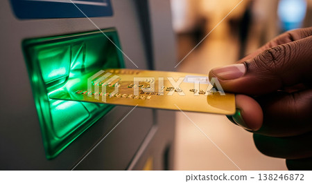 Inserting a gold credit card into a glowing green ATM slot for a transaction 138246872