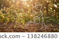 Stick figure farmer watering a young tomato plant in a sunlit garden at golden hour 138246880