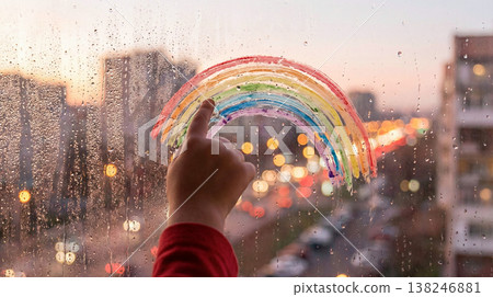 Child's hand draws a rainbow on a rainy window with city lights in the background 138246881