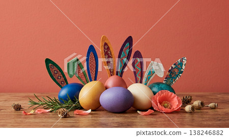 Festive Easter eggs with colorful bunny ears and natural elements on a wooden surface Festive Easter eggs with colorful bunny ears and natural elements on a wooden surface 138246882