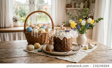 Easter celebration table setting with decorated eggs, cake, and spring flowers 138246884