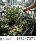 Urban Balcony Garden Watering - Home Gardening in City Apartment. AI generated image 138247071