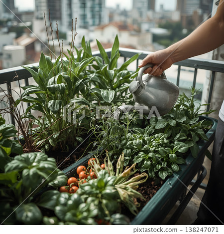 Urban Balcony Garden Watering - Home Gardening in City Apartment. AI generated image 138247071