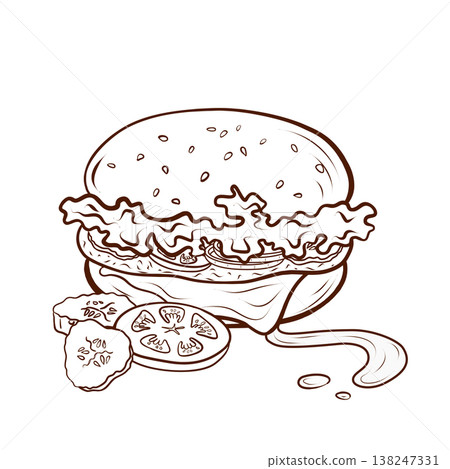 A burger with lettuce, tomato, and cucumber slices and sauce. Vector illustration for restaurant menus, street food posters, delivery app graphics, cafe banners, and takeout packaging designs. 138247331