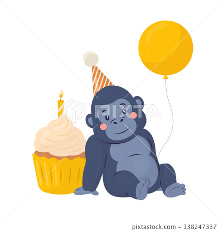 A baby gorilla with a yellow balloon and a party hat. vector illustration for children's birthday invitations, cards, posters, stickers, and prints. A baby gorilla with a yellow balloon and a party hat. vector illustration for children's birthday invitations, cards, posters, stickers, and prints. 138247337