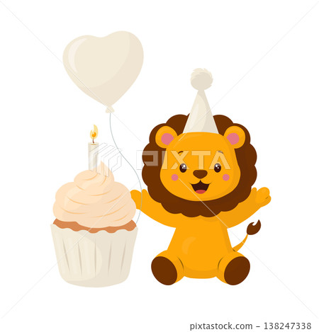 A lion cub in a festive hat holds a heart-shaped balloon next to a cupcake and a candle. A cute vector safari animal character for children's birthday invitations, cards, posters, and stickers. A lion cub in a festive hat holds a heart-shaped balloon next to a cupcake and a candle. A cute vector safari animal character for children's birthday invitations, cards, posters, and stickers. 138247338