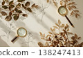 Aesthetic herbarium flat lay with dried leaves, botanical sketches and magnifying glass. Natural beige background, minimal style, for design, branding and eco themes. AI generated image 138247413