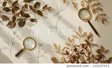Aesthetic herbarium flat lay with dried leaves, botanical sketches and magnifying glass. Natural beige background, minimal style, for design, branding and eco themes. AI generated image Aesthetic herbarium flat lay with dried leaves, botanical sketches and magnifying glass. Natural beige background, minimal style, for design, branding and eco themes. AI generated image 138247413