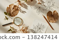 Aesthetic herbarium flat lay with dried leaves, botanical sketches and magnifying glass. Natural beige background, minimal style, for design, branding and eco themes. AI generated image 138247414