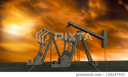 Oil Pump Jack At Sunset Petroleum Industry Energy Concept 3d render. Oil Pump Jack At Sunset Petroleum Industry Energy Concept 3d render. 138247547