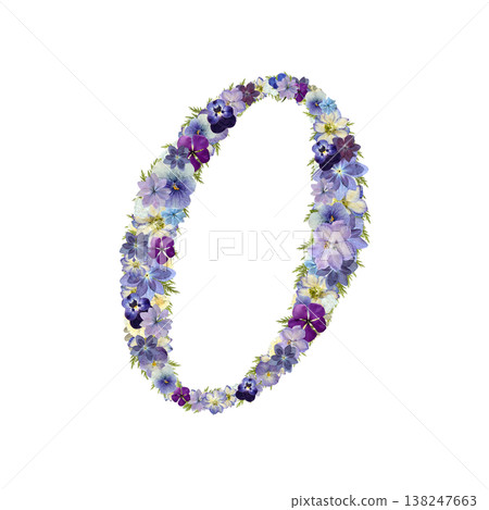 Number 0, pressed flower design, delicate serif font, purple and blue botanical numbers, transparent background. Number 0, pressed flower design, delicate serif font, purple and blue botanical numbers, transparent background. 138247663