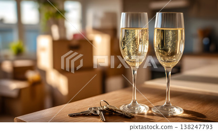 Two champagne glasses on wooden table with keys, moving boxes in new apartment background Two champagne glasses on wooden table with keys, moving boxes in new apartment background 138247793
