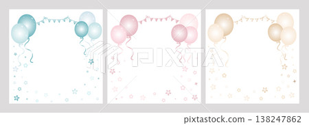 Set of air balloons in cute pastel blue, pink, beige colors on isolated background. Illustration with ballons, stars for happy birthday kid party. Drawing for greeting cards or invitations.  138247862