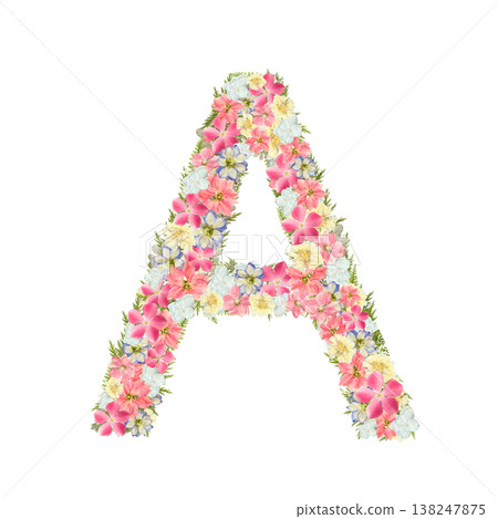Pressed flower design of the letter A in delicate serif font, featuring pink and blue botanical lettering. Transparent PNG background. 138247875