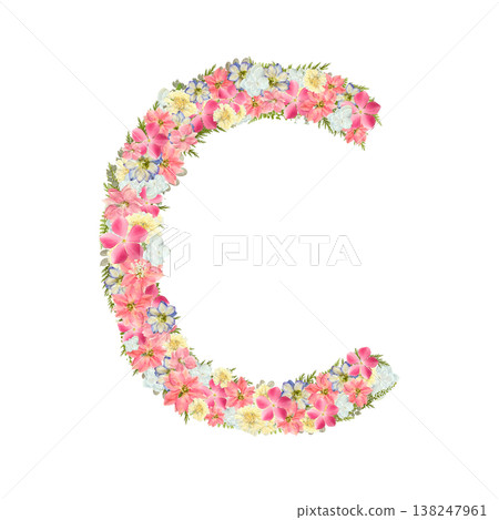 以粉紅色和藍色植物為元素的精緻襯線字體，壓花設計字母C。透明PNG背景。 138247961