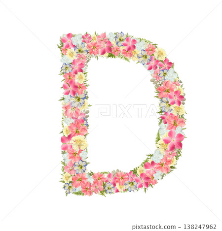 以粉紅色和藍色植物為特色的精緻襯線字體字母D的壓花設計。透明PNG背景。 以粉紅色和藍色植物為特色的精緻襯線字體字母D的壓花設計。透明PNG背景。 138247962