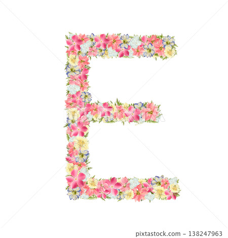 Pressed flower design of the letter E in delicate serif font, featuring pink and blue botanical lettering. Transparent PNG background. Pressed flower design of the letter E in delicate serif font, featuring pink and blue botanical lettering. Transparent PNG background. 138247963