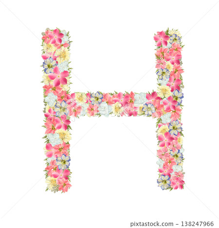 Pressed flower design of the letter H in delicate serif font, featuring pink and blue botanical lettering. Transparent PNG background. 138247966