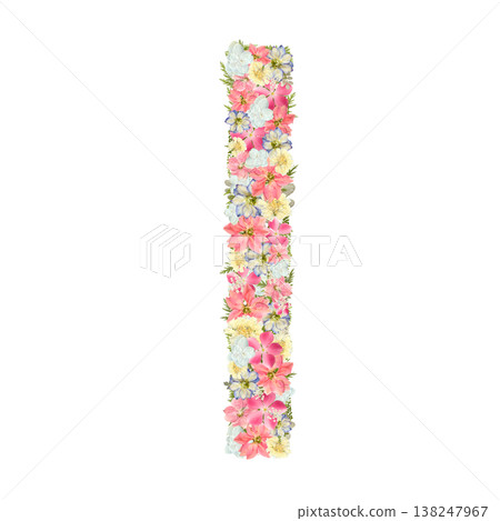 Pressed flower design of the letter "I" in delicate serif font, featuring pink and blue botanical lettering. Transparent PNG background. Pressed flower design of the letter "I" in delicate serif font, featuring pink and blue botanical lettering. Transparent PNG background. 138247967