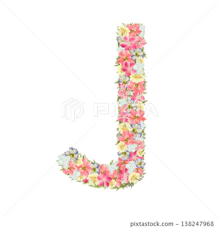 以粉紅色和藍色植物為特色的精緻襯線字體字母 J 的壓花設計。透明 PNG 背景。 138247968