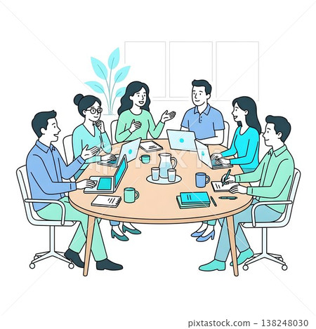 業務團隊圍坐在桌旁開會。 138248030