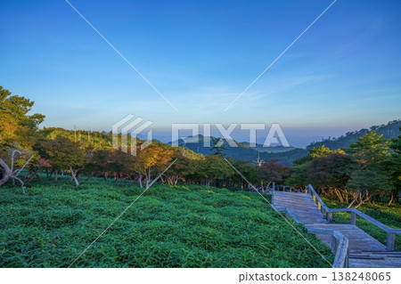 Autumn on Mt. Odaigahara: breathtaking views of the plateau with its continuous wooden boardwalks and clear blue sky. Autumn on Mt. Odaigahara: breathtaking views of the plateau with its continuous wooden boardwalks and clear blue sky. 138248065
