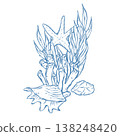 Vector illustration with a marine theme. Underwater world, seaside vacation in blue. Cute seaweeds and coral in doodle. 138248420