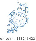 Vector illustration with a marine theme. Underwater world, seaside vacation in blue. Cute fish in doodle. 138248422