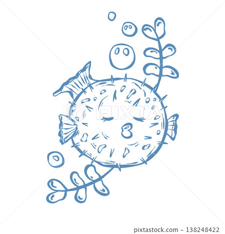 Vector illustration with a marine theme. Underwater world, seaside vacation in blue. Cute fish in doodle. Vector illustration with a marine theme. Underwater world, seaside vacation in blue. Cute fish in doodle. 138248422