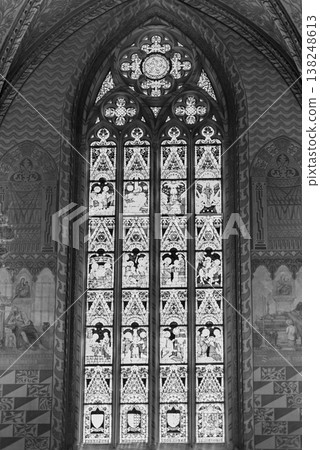 Richly decorated stained glass windows in Matthias church in Buda Castle in Budapest, Hungary 138248613