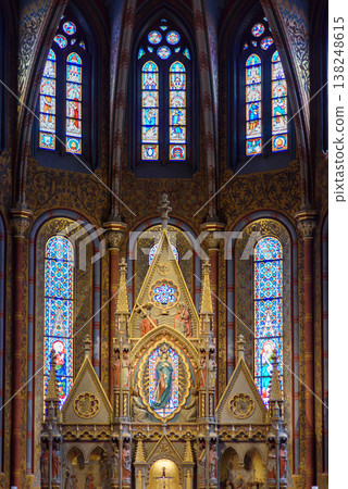 Richly decorated interior of Matthias church in Buda Castle in Budapest, Hungary Richly decorated interior of Matthias church in Buda Castle in Budapest, Hungary 138248615