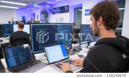 Male programmer software developer computer code laptop desktop monitor modern office coworking space technology concentration busy workspace Programmer focuses computer code modern coworking 138248670